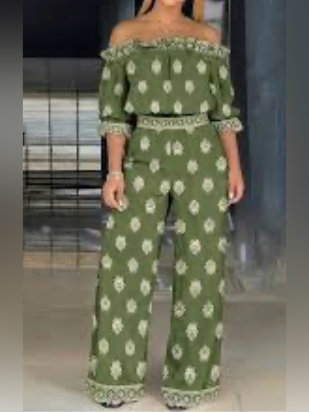 Chic Olive Green Off-Shoulder Top and Wide-Leg Set